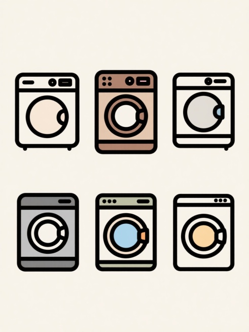 极简风格线条图标设计，六个不同配色、不同样式、不同材质的洗衣机造型，上下两行三列对齐排列，每个洗衣机保持简约轮廓特征，包含控制面板和圆形滚筒门设计，浅色背景，黑色平滑线条勾勒，整体构图平衡有序，简洁明了的视觉呈现。预览效果