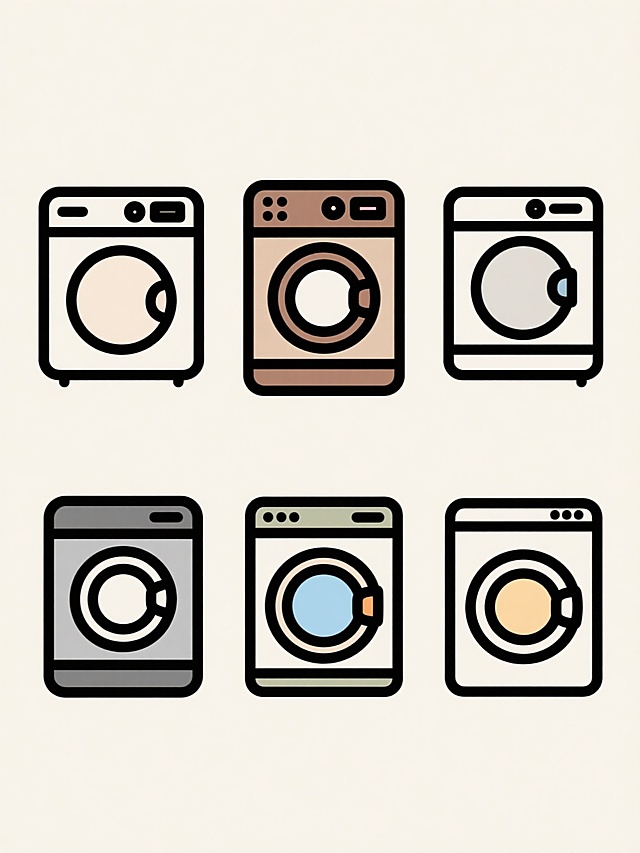 极简风格线条图标设计，六个不同配色、不同样式、不同材质的洗衣机造型，上下两行三列对齐排列，每个洗衣机保持简约轮廓特征，包含控制面板和圆形滚筒门设计，浅色背景，黑色平滑线条勾勒，整体构图平衡有序，简洁明了的视觉呈现。