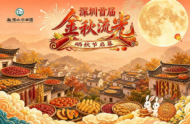 在画面中间的空白区域增加晒秋场景：远处山间错落的徽派民居屋顶上晒着红辣椒、玉米、南瓜、柿子等丰收农作物，竹匾里盛放着各色秋收果实，呈现温暖的秋日丰收氛围；保留原图顶部的'深圳首届金秋流光 晒秋节启幕'标题文字、左上角logo、右上角满月与烟花、底部的祥云兔子月饼等元素，整体风格保持国潮喜庆暖色调，与原图风格一致