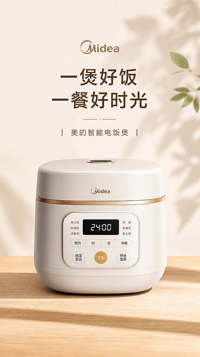基于图中美的电饭煲生成1080×1920竖版产品贴片，保持产品主体，优化为适合电商推广的竖版构图，保留产品原有质感和设计