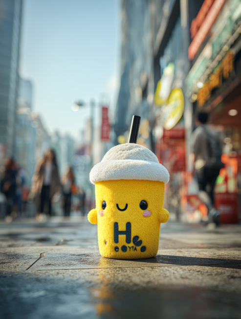 Hyperrealistic photograph, a giant plush sculpture of a Heytea milk tea cup with the brand's logo, s预览效果