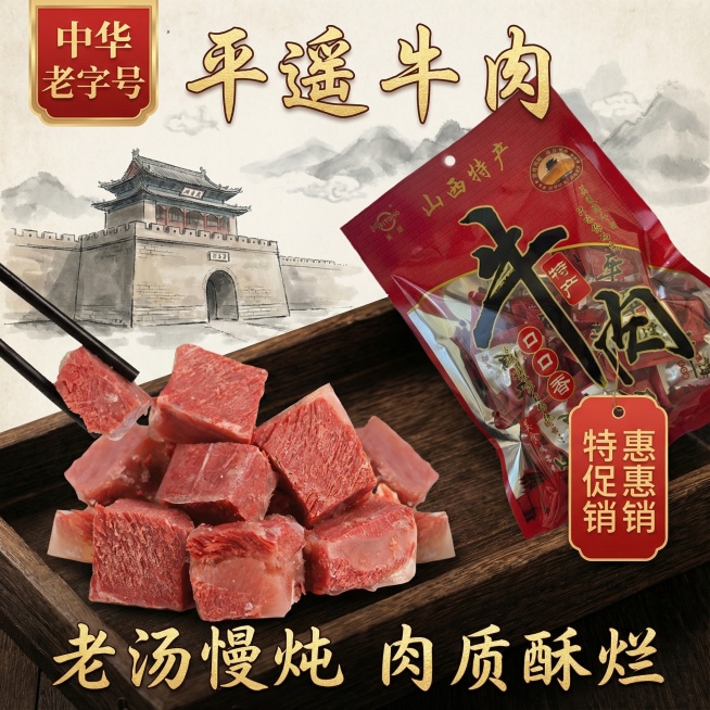 我的产品是平遥牛肉 帮我做20张拼多多高级主图预览效果