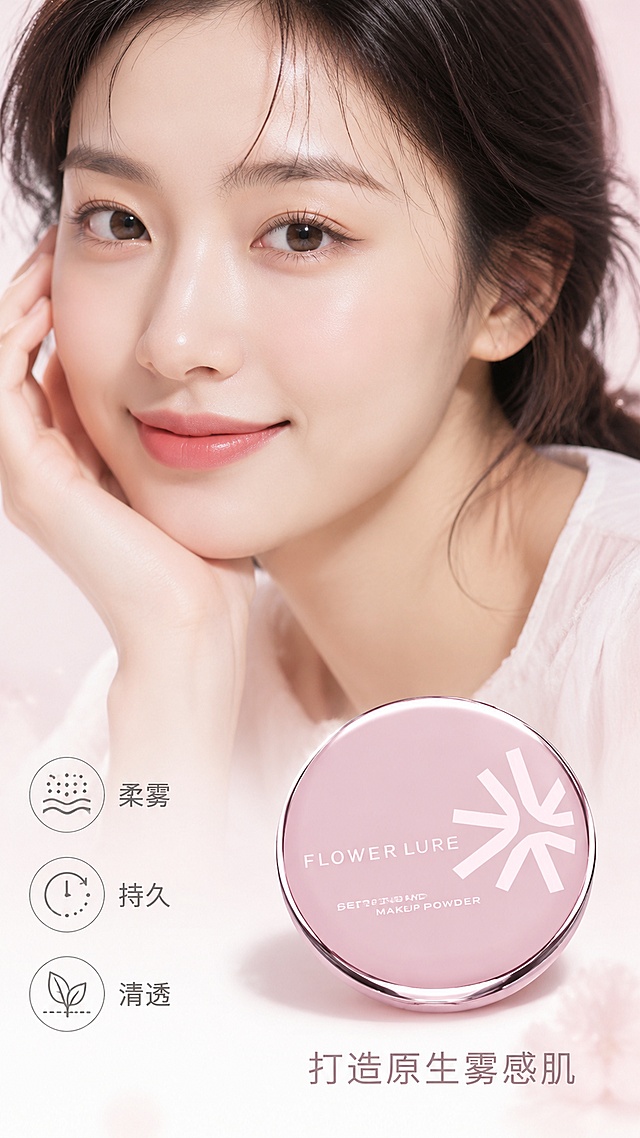 [第4屏] 花间颂粉色粉饼真人上妆效果展示。本屏使用【图1】作为产品主体。
[氛围/风格] 自然生活感，清透柔焦，真实妆效展示，亚洲模特符合国内审美。
[元素布局] 画面上半部分是亚洲女性模特半脸特写，模特面带微笑，展示使用粉饼后的柔雾哑光妆面；下半部分放置花间颂粉色粉饼产品，保持外观与输入图一致；左下角排列三个利益点图标。
[光影质感] 自然光打在模特面部，突出柔雾妆感，产品部分保留清晰金属反光，整体光影自然。
[配色色系] 全局底色 #F9F4F6，主色模特自然肤色，粉色产品，浅粉色背景，深灰色文字。
[视角构图] 上模特下产品的上下构图，自然氛围，产品与模特融合自然，不是生硬拼接。
[文字版式] 左下角三个圆形图标分别标注「柔雾」「持久」「清透」，右下角标注「打造原生雾感肌」，文字不遮挡妆面和产品。
[比例分辨率] 9:16竖版比例，4K分辨率，文字清晰可辨，高清画质。
[负向提示词] 模特五官变形，产品颜色偏差，文字错乱，虚假对比，夸张P图