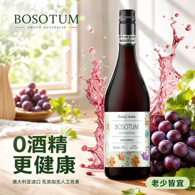 [主图-1] 花屿无醇葡萄汁产品首图，场景诱惑食欲款。氛围风格为清新自然健康风，突出天然果汁质感；商业摄影质感、光线柔和通透、产品清晰真实、画面干净高级。BOSOTUM花屿无醇葡萄汁瓶身居中展示，瓶身预览效果