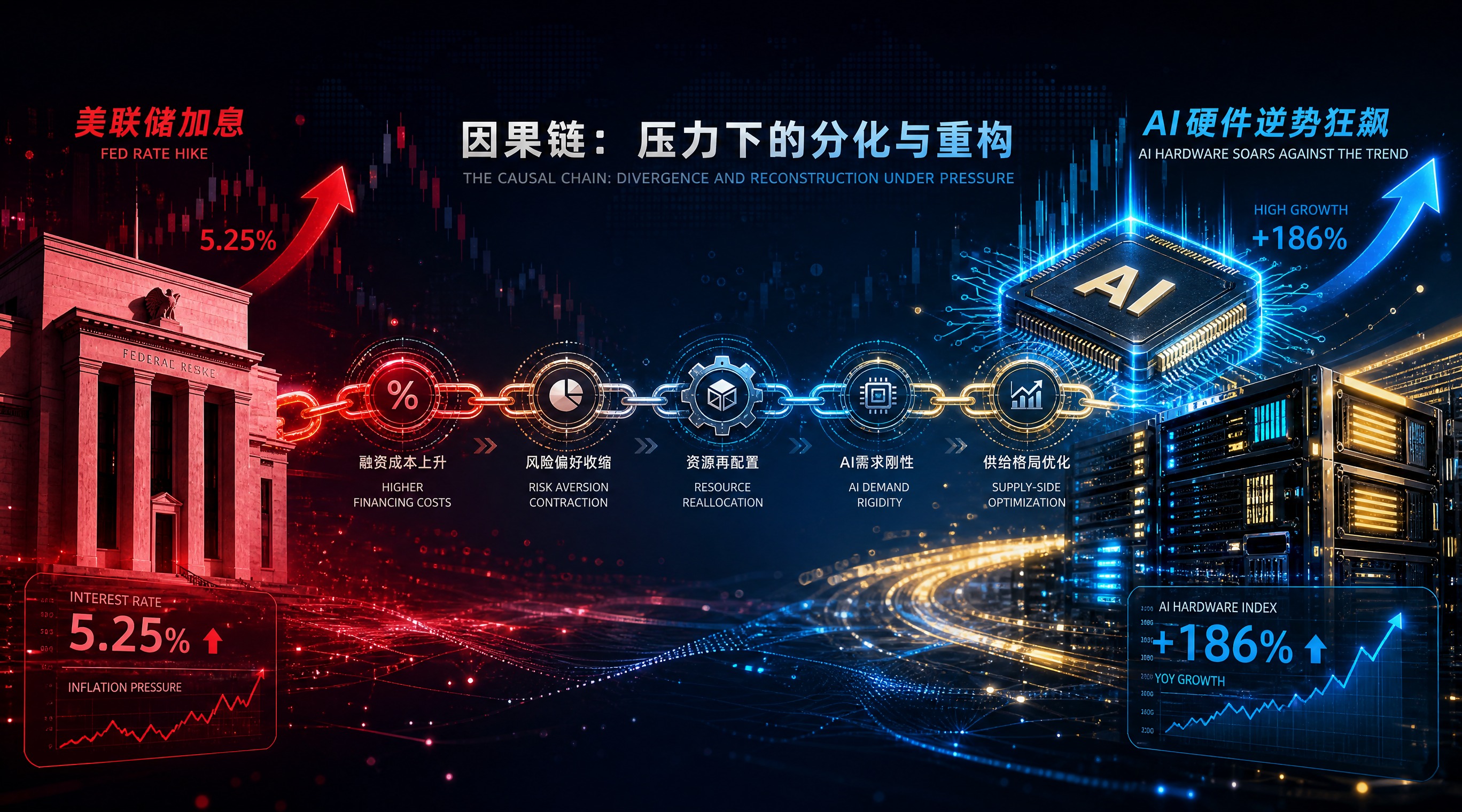 财经科技感封面图，主题为美联储加息与AI硬件逆势狂飙的因果链。… - 图片创意预览