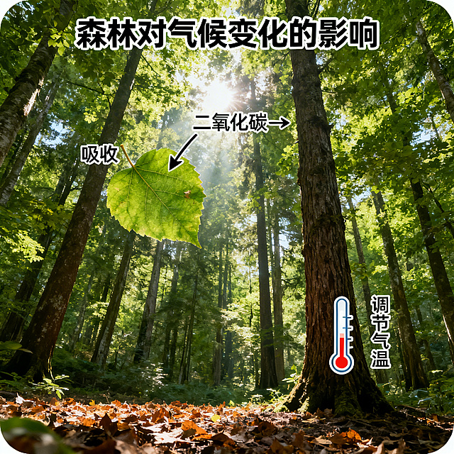 森林对气候变化影响主题正方形图片，展示茂密森林吸收二氧化碳、调节气温场景，标注“森林对气候变化的影响”，自然科普风格