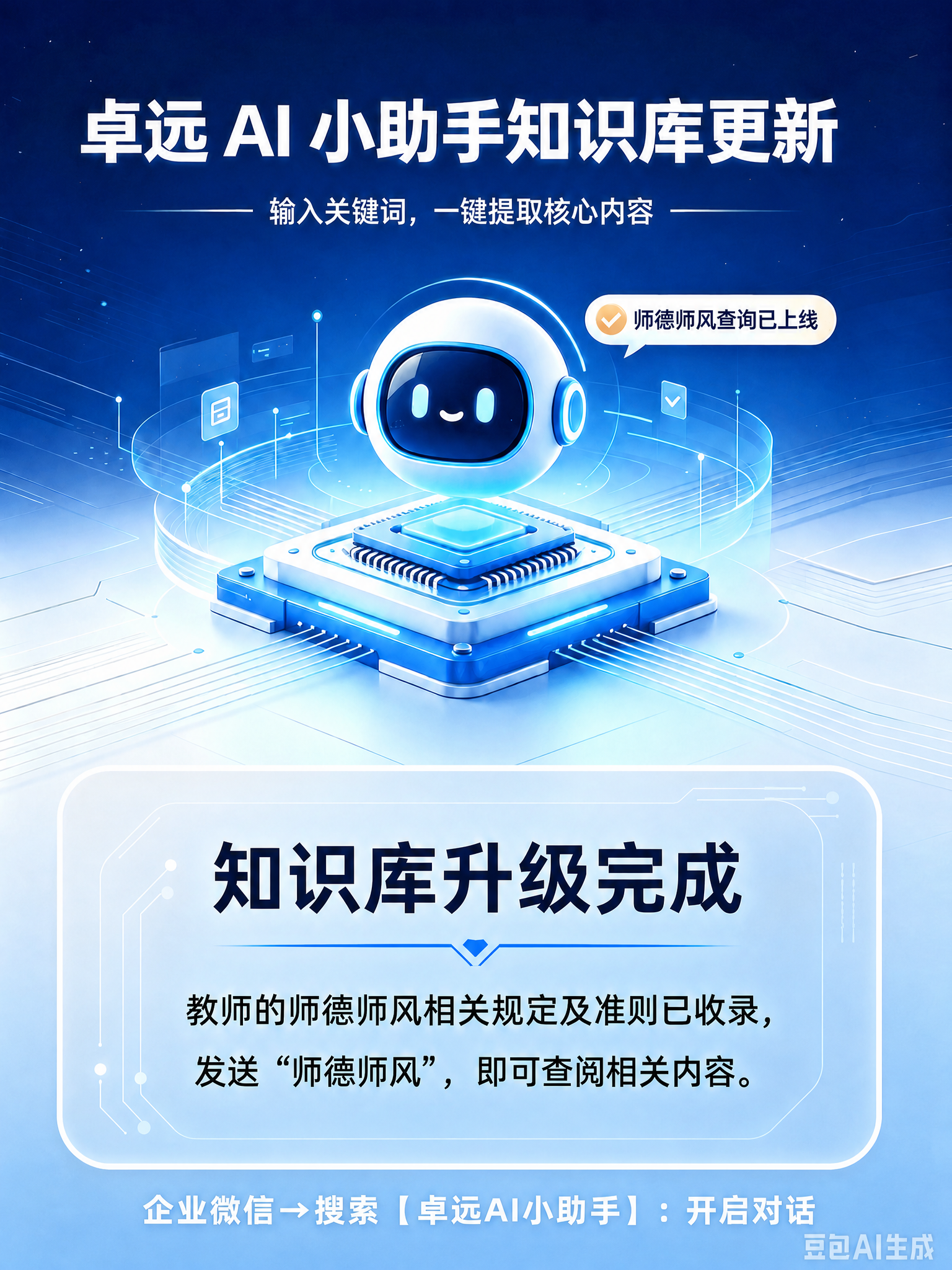 在图片最底部添加一行文字："企业微信→搜索【卓远AI小助手】：… - 图片创意预览