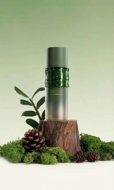 去除图片中所有促销文字、价格文字和赠品文字，保留原商品精华液、绿植场景和木墩背景，保持整体绿色自然风格和原有构图不变预览效果