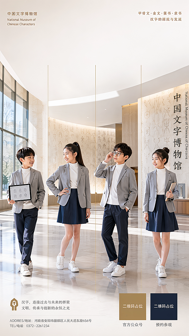 Professional commercial poster, bright and airy color grading, vertical format 9:16, inside a modern minimalist Chinese Characters Museum lobby, large glass windows, natural sunlight streaming in, polished light-grey concrete floors with subtle reflections, walls featuring very subtle translucent oracle bone script watermarks. Four distinct "12"-year-old kids (2 boys, 2 girls) standing in a relaxed candid asymmetrical formation, they look like young creative directors. They wear smart casual business wear, light grey blazers, crisp white turtlenecks, navy-blue A-line skirts, tailored slim-fit trousers, high-quality fabric texture visible. Poses are relaxed natural: one boy casually holds a tablet showing design sketches, one girl has her hand on her hip, another adjusts her glasses thoughtfully, they are not stiff and exude confidence and approachability. Composition: three very thin elegant vertical gold divider lines subtly separate the four figures into columns, the top 20% of the image is empty bright clean architectural ceiling reserved for text overlay. Bright soft even lighting, no harsh shadows, high key photography, photorealistic, 8k resolution, Leica lens aesthetic, sharp focus on faces. Do not include: dark moody lighting, neon lights, grunge texture, crowded, symmetrical stiff poses, all looking directly at camera, school uniforms, cartoon, anime, low quality, distorted hands, text, watermark, cluttered background, excessive glow. 版式精美，画面中所有二维码区域使用纯色方块占位符呈现，方块中央标注"二维码占位"文字，严禁生成任何可识别的二维码图案，画面中所有数字必须精确渲染，不得错位、遗漏或编造