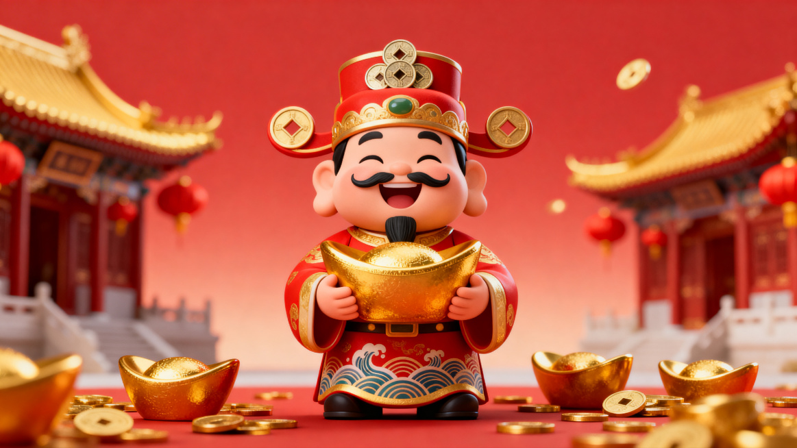 Pixar-style 3D rendering of a cheerful, chubby Chinese God of Wealth, holding a large, gleaming gold预览效果