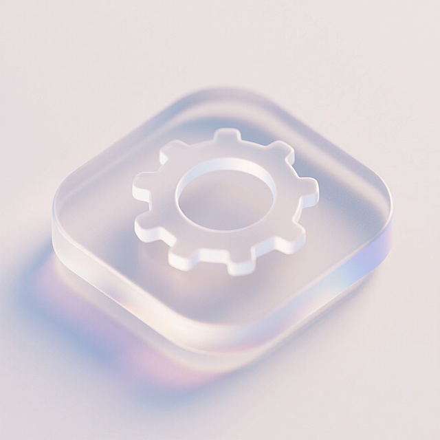 一个大磨砂玻璃质大图标。设置图标，轻拟物风格，采用圆形或圆角矩形基底，背景为透明渐变毛玻璃效果，整体呈现轻盈、透气的视觉体验，符合现代极简 UI 设计语言。浅色背景