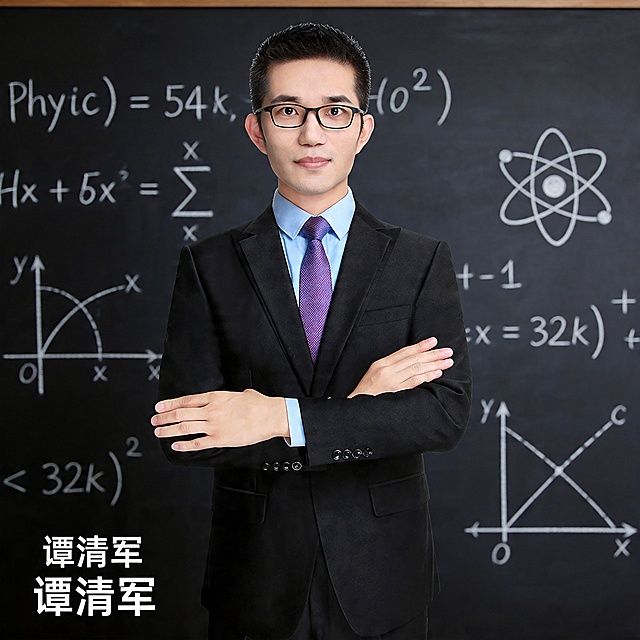 参考图中保留人物脸型、发型、年龄等特征生成物理老师形象照,标准焦段50mm,f/4光圈(f/2.8-f/4区间),平视视角(镜头与人物视线齐平);人物占画面70%,人物居中(居中构图),位于画面中心,为视觉聚焦点,入境范围头部及以下至臀部下方10cm(半身像);左右留少量背景空间;头部与画面顶部保留5%空间;头部发型完整,头肩比例协调,人物结构准确;发质微微柔顺，微微蓬松。身穿深黑色精纺羊毛混纺廓形西装外套,平驳领设计,面料呈细腻微微哑光质感;内搭浅蓝色高支精梳棉衬衫;下装深黑色精纺羊毛混纺西裤;佩戴紫色纹理领带;着装正式干练;博学温润、学者风范;身形匀称,姿态端正,身体挺拔。呈双手抱胸的自然姿态，肢体放松且自信;佩戴黑框眼镜;背景是物理讲题的深色黑板，带有浅白色物理公式和物理元素符号,黑板纹理自然质感,背景光线均匀柔和,虚化背景突出主体;32k画质超高分辨率、细节清晰,现代精致感风格;肤质精细化处理;眼神直视镜头,目光坚定且澄澈,表情自然。嘴角上扬;健康清透哑光肌,肤色均匀白皙,细腻平滑无瑕,保留真实毛孔纹理,自然提亮｡正面柔光补光,4800K中性光,面部光比1:1.5｡中近景写实摄影,对焦清晰,面部雾面柔光,轻透裸肌感,高清保留皮肤细节｡分辨率4K,去除多余元素。严格按照图片内容生成。画面左下角添加老师姓名文字"谭清军"。画面比例1:1