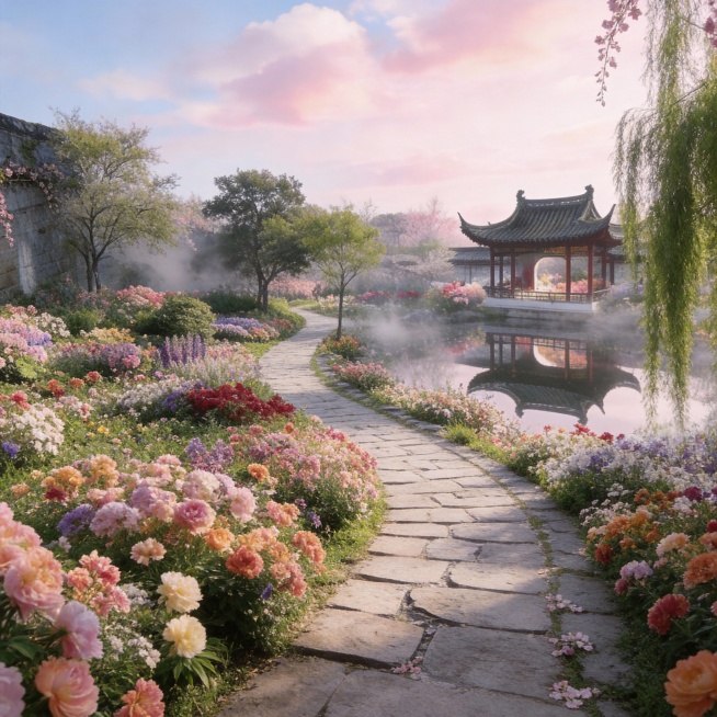 生成参考图中花园的侧视角度镜头预览效果