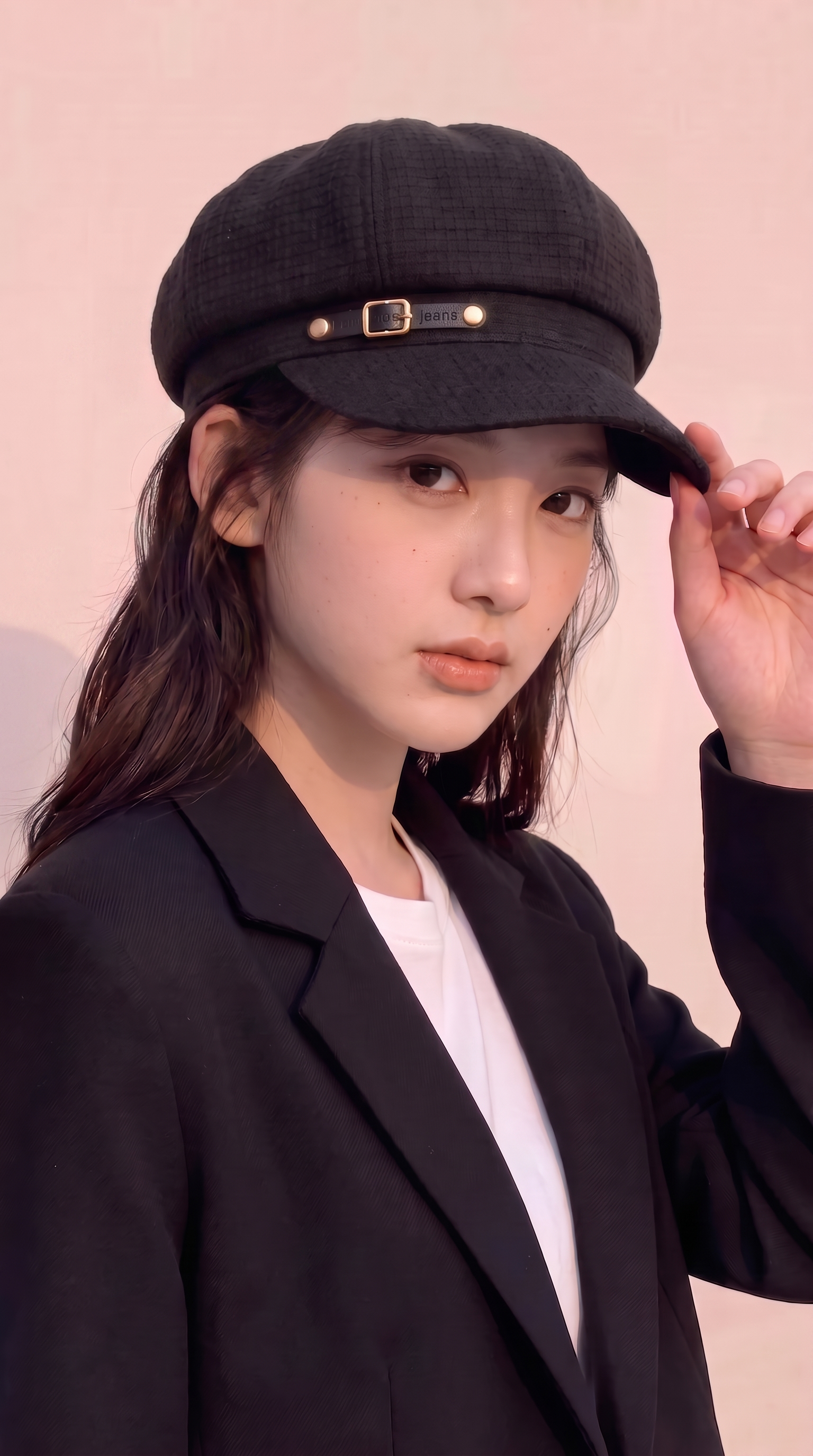 去除画面左侧扶着帽子的手及对应袖口，将该区域自然修复为完整的头… - 图片创意预览