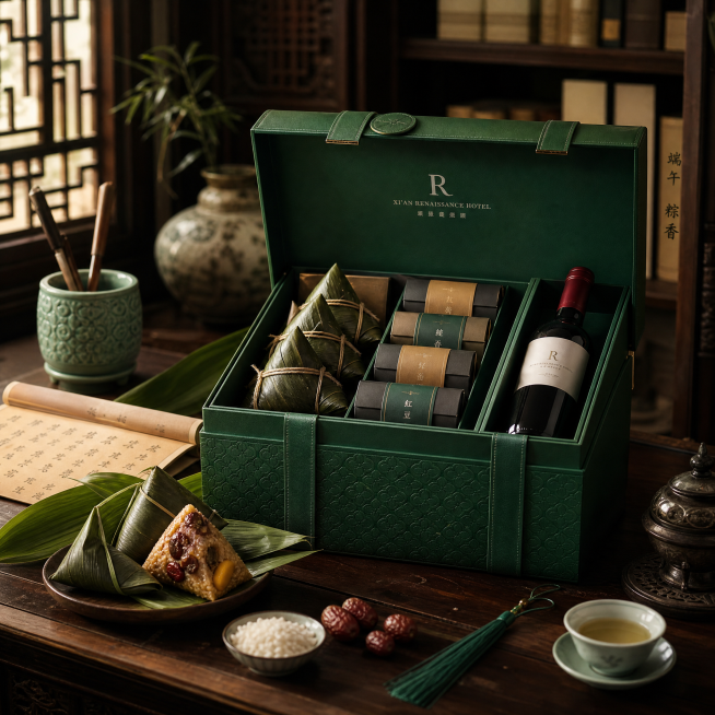 为西安万丽酒店墨青礼盒粽子生成一张800*800像素的场景图，背景是中式古雅书房木桌，摆放着打开的绿色礼盒，露出粽子和红酒，端午雅致氛围，光线自然柔和，正方形构图预览效果