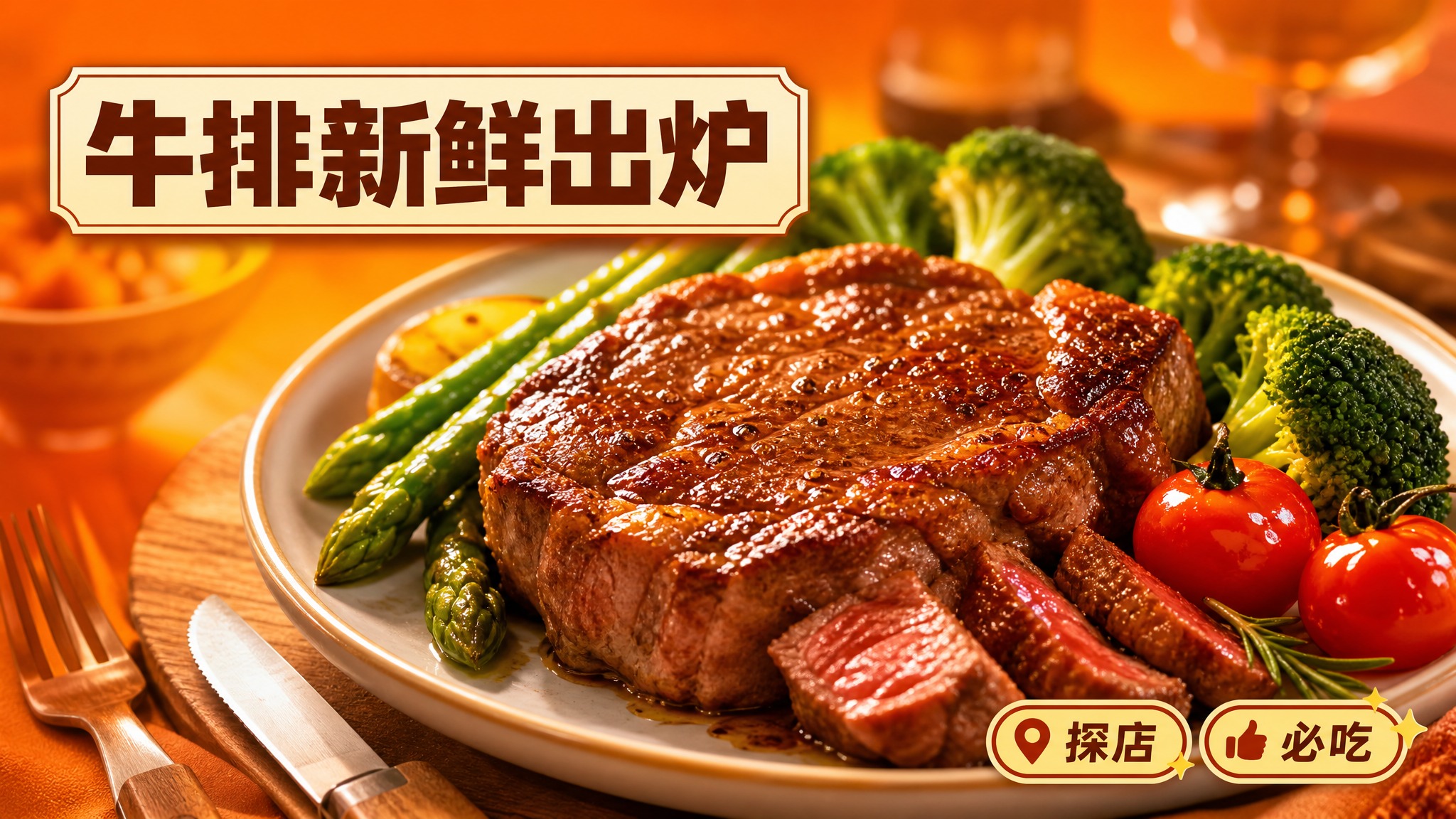 活力美食风格，暖橙色背景，画面中心是一盘色泽诱人的牛排，牛排表… - 图片创意预览