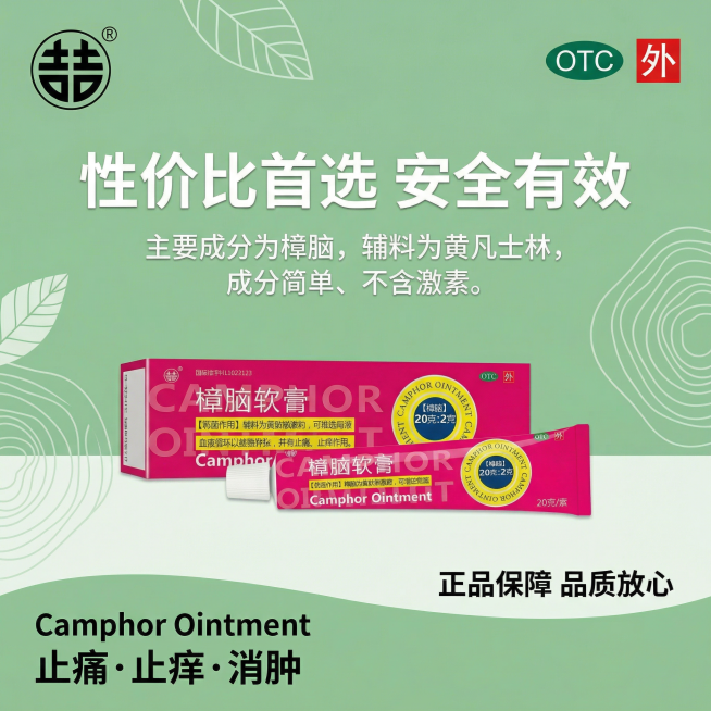 参考图片4的绿色清新电商海报风格，生成一张1:1的樟脑软膏药品海报，颜色干净清新。顶部左侧放置图2的双吉圆形logo，顶部右侧放置图3绿色"OTC"红色"外"标识；中间大标题是"性价比首选 安全有效"预览效果