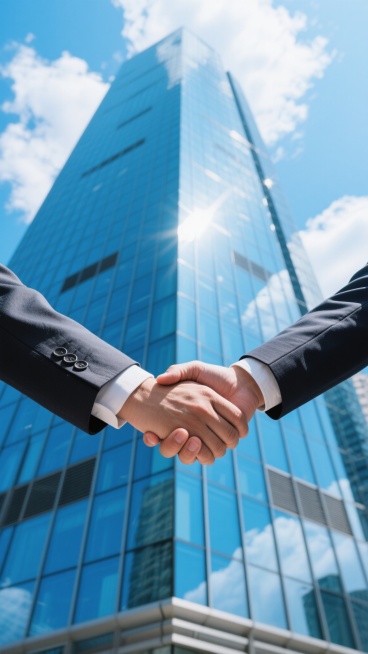低角度仰拍，前景两只造型独特、剪裁精致西装的手在强光下坚定相握，背景高耸现代玻璃幕墙摩天楼，蓝玻璃映天空白云阳光，专业积极，色彩蓝白鲜明，细节满展现建筑宏伟与握手真挚预览效果