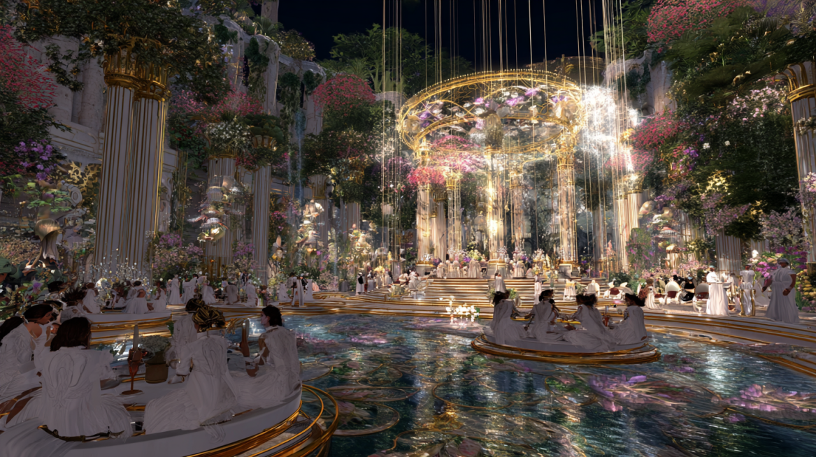Grand celebration in the Floating Gardens of Atlantis, nobility reclining on levitating divans of wo预览效果