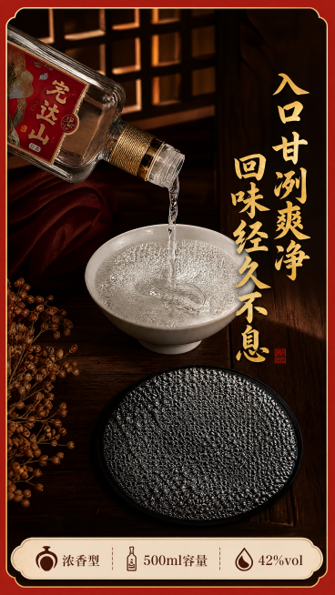 [第5屏] 酒水倒出酒花细节展示。参考【图1】的酒花展示版式。
[氛围/风格] 国风复古质感，木质深色背景，温润自然光影，突出酒液清澈质感和绵密酒花。
[元素布局] 上方大标题区域，中间主体区域展示倒预览效果