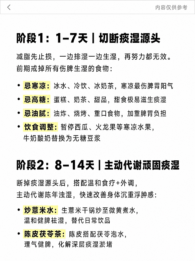3:4竖版纯文字笔记海报，纯白#FFFFFF背景，无纸纹无纹理，极简干净。页面最顶部模拟小红书APP UI栏，左侧显示浅灰色向左返回箭头图标，右侧显示浅灰色小字"内容仅供参考"，UI栏高度约占画面3%，与真实小红书笔记截图顶部一模一样。UI栏下方内容区顶部留白约5%。顶部留白下方用纯黑色#000000粗黑体（字重700）显示"阶段1：1-7天｜切断痰湿源头"（阿拉伯数字"1"后面用冒号"："，日期范围"1-7天"用连字符，后面用竖线"｜"分隔，左对齐，数字与文字之间不加多余标点）。标题下方用近黑色#1a1a1a常规黑体（行距1.6倍）显示"减脂先止损，一边排湿一边生湿，再努力都无效。前期戒掉所有伤脾生湿的食物："下方列4条执行项，每条"・"开头，每条方法名用浅黄色#FFF59D荧光笔高亮："・忌寒凉：冰水、冷饮、冰奶茶，寒凉最伤脾胃阳气"、"・忌高糖：蛋糕、奶茶、甜品，甜食极易滋生痰湿"、"・忌油腻：油炸、烧烤、重口食物，加重脾胃负担"、"・饮食调整：暂停西瓜、火龙果等寒凉水果，牛奶酸奶替换为无糖豆浆"。执行列表下方用纯黑色粗黑体显示"阶段2：8-14天｜主动代谢顽固痰湿"（数字"2"后面用冒号，日期"8-14天"用连字符，后面用竖线分隔）。标题下方用近黑色常规黑体显示"断掉痰湿源头后，搭配温和食疗+外调，主动代谢陈年浊湿，快速改善身体沉重浮肿感："下方列2条执行项，每条"・"开头，方法名高亮："・炒薏米水：生薏米干锅炒至微黄煮水，温和健脾祛湿，替代日常饮品"、"・陈皮茯苓茶：陈皮搭配茯苓泡水，理气健脾，化解深层痰湿淤堵"。内容区底部留白约5%。整体极简纯文字，阶段标题加粗，执行项方法名高亮，时间轴感强，顶部小红书APP UI栏一模一样复刻。文字精准无错字，标点符号准确无误，中文数字编号后必须用顿号"、"禁用逗号，数字与文字间不加多余标点，排版对齐工整，字体清晰锐利，无乱码无重影。版式精美，小红书笔记封面质感，信息层级清晰，适合信息流点击。