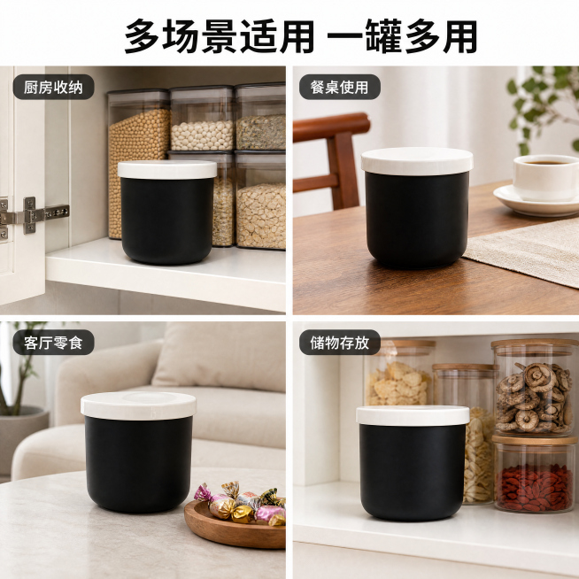 「图片1」，生成一套主图（10张「图片1」「图片1」），拼多多平台，主图比例为1:1黑白配简约陶瓷密封罐厨房杂粮储物罐食品收纳罐糖果罐咖啡茶叶罐密封尺寸直径10.5CM高10CM预览效果