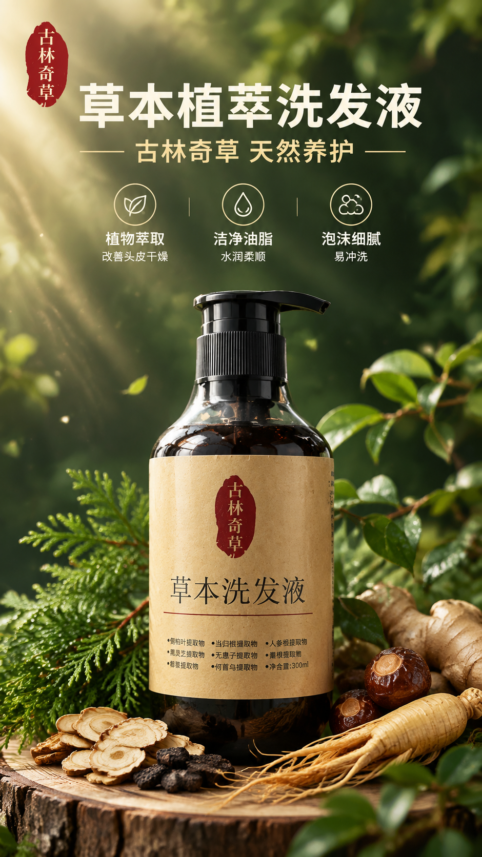 [主图-1] 首图品牌调性，突出古林奇草草本洗发液的植物草本天… - 图片创意预览