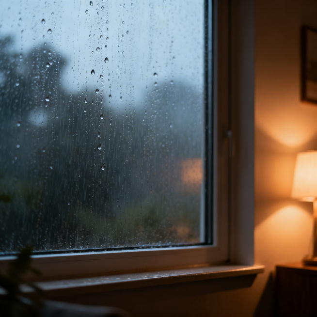 从屋内看向窗外的雨景，玻璃上挂着雨滴，窗外是朦胧的雨幕，氛围安静舒适，室内柔和光线反衬窗外雨景的湿润朦胧，整体氛围感治愈安静预览效果