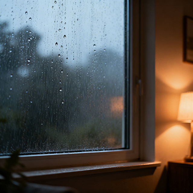 从屋内看向窗外的雨景，玻璃上挂着雨滴，窗外是朦胧的雨幕，氛围安静舒适，室内柔和光线反衬窗外雨景的湿润朦胧，整体氛围感治愈安静