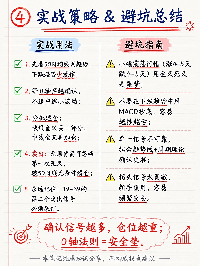 小红书财经干货笔记内页，手账笔记风，白色笔记纸背景，红蓝双色标注，版式精美，小红书笔记封面质感。顶部标题：「④ 实战策略 & 避坑总结」，深蓝色手写体，左侧带红色圆圈编号④。内容分左右两栏：左栏「实战用法」，右栏「避坑指南」。左栏实战用法（绿色对勾开头）：1. 先看50日均线判趋势，下跌趋势少操作；2. 等0轴穿越确认，不追中途小波动；3. 分批建仓：快线金叉买一部分，中线金叉再加仓；4. 卖出：无顶背离可忽略第一次死叉，破50日线无条件清仓；5. 永远记住：19-39的第二个卖出信号必须采信。右栏避坑指南（黄色三角警示开头）：⚠ 小幅震荡行情（涨4-5天跌4-5天）用金叉死叉是噩梦；⚠ 不要在下跌趋势中用MACD抄底，容易越抄越亏；⚠ 单一信号不可靠，结合趋势线+周期理论确认更准；⚠ 拐头信号太灵敏，新手慎用，容易频繁交易。底部用红色手写体写核心金句：「确认信号越多，仓位越重；0轴法则=安全垫」。最底部加一行灰色小字免责声明：「本笔记纯属知识分享，不构成投资建议」。整体风格：课堂笔记感，红蓝黑三色，干净清晰，信息层级分明。画面比例3:4，4K高清。