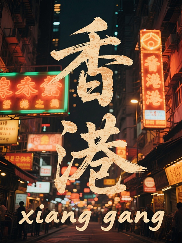 “香港”二字居中，副标题小字“xiang gang”位于主标题之间，文字为暖色调，背景为香港街头夜景，霓虹灯，灯牌，喧嚣街道，复古手写感字体，毛笔字，张力动感