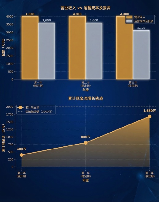 把这张财务图表改成深蓝色商务背景，使用橙金色和浅灰色的配色，保持所有文字数据和图表结构不变，参考图2的商务大屏风格预览效果