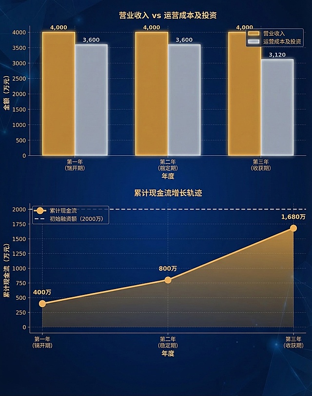 把这张财务图表改成深蓝色商务背景，使用橙金色和浅灰色的配色，保持所有文字数据和图表结构不变，参考图2的商务大屏风格