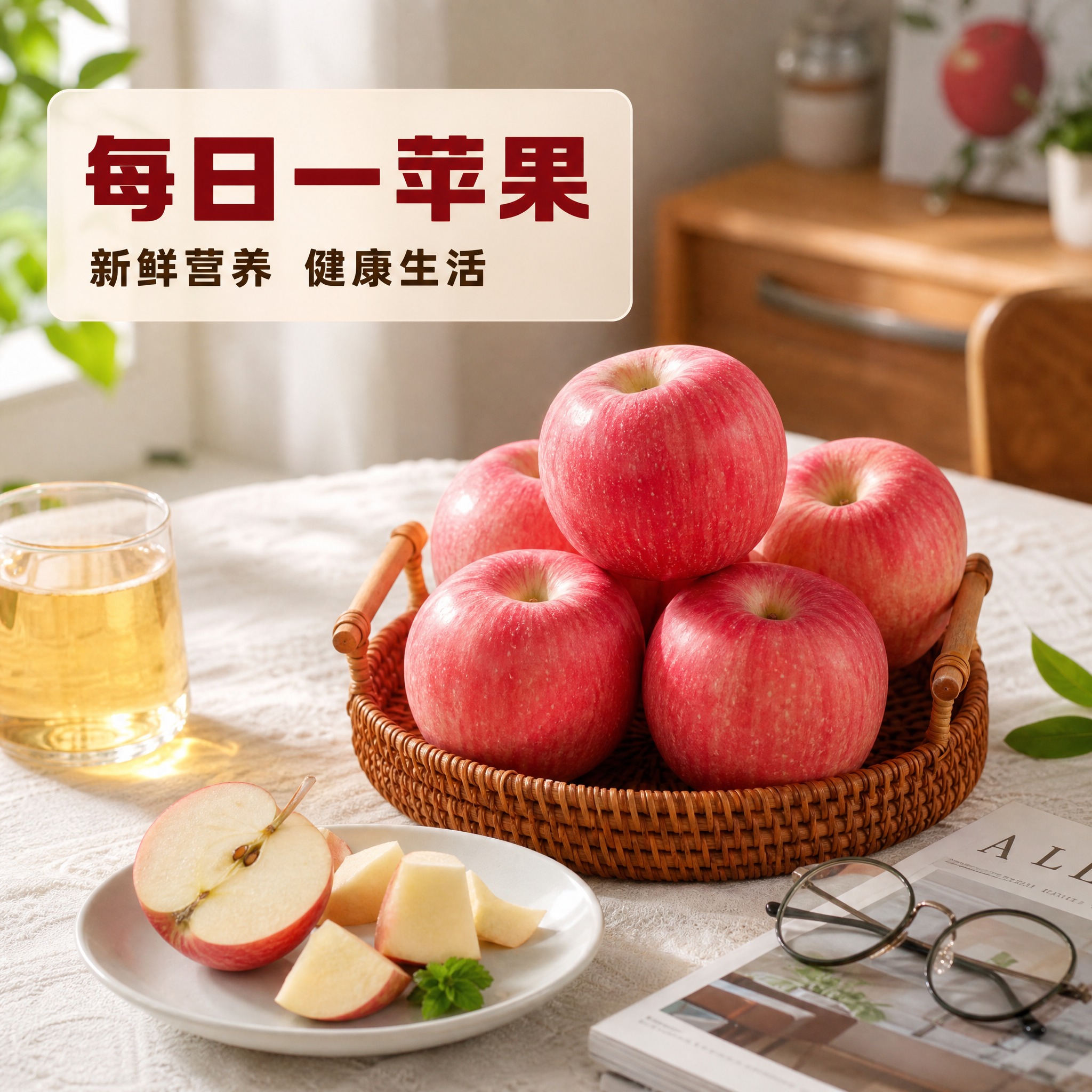 [主图-5] 生活场景 家庭餐桌新鲜苹果食用场景。 [统一基调… - 图片创意预览