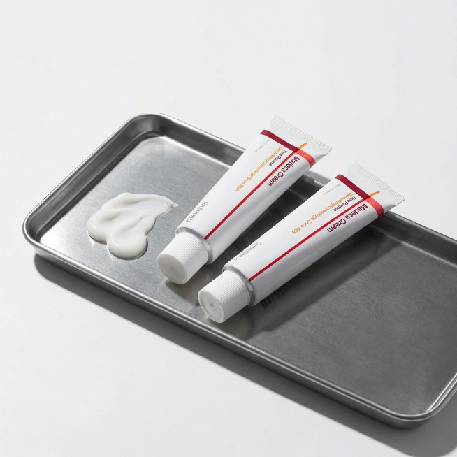 根据图中产品再结合一下提示词生成八张不一样的产品图- 专业院线风：产品置于浅灰色医美级背景上，管身倾斜45°，突出“Dermatological Heritage Since 1968”字样，冷调柔和预览效果