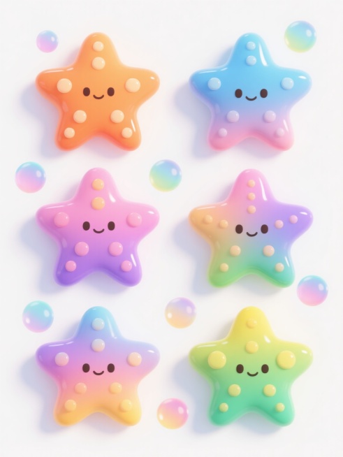 六个不同样式、不同配色、不同外观的卡通海星，保持Q版可爱风格，每个海星都有圆润的轮廓和立体的光泽感，表面点缀着大小不一的圆形凸起装饰，采用橙色、蓝色、粉色、紫色、绿色、黄色等鲜艳明亮的渐变色彩，每个海星拥有独特的花纹和细节设计，周围环绕着几个半透明的彩色气泡，所有元素整齐排列在纯白色背景上，整体画面清新明快，充满童趣，具有光滑的质感和柔和的光影效果，构图平衡对称预览效果