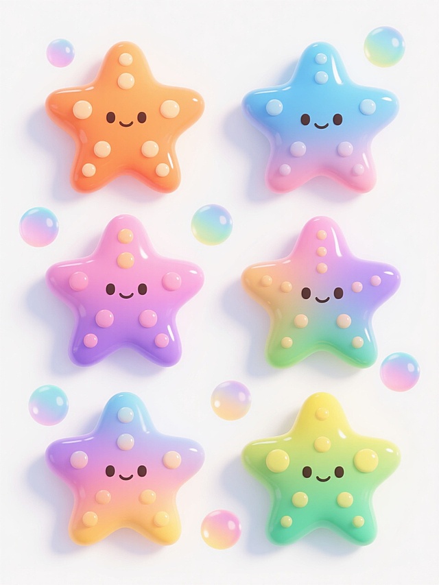 六个不同样式、不同配色、不同外观的卡通海星，保持Q版可爱风格，每个海星都有圆润的轮廓和立体的光泽感，表面点缀着大小不一的圆形凸起装饰，采用橙色、蓝色、粉色、紫色、绿色、黄色等鲜艳明亮的渐变色彩，每个海星拥有独特的花纹和细节设计，周围环绕着几个半透明的彩色气泡，所有元素整齐排列在纯白色背景上，整体画面清新明快，充满童趣，具有光滑的质感和柔和的光影效果，构图平衡对称