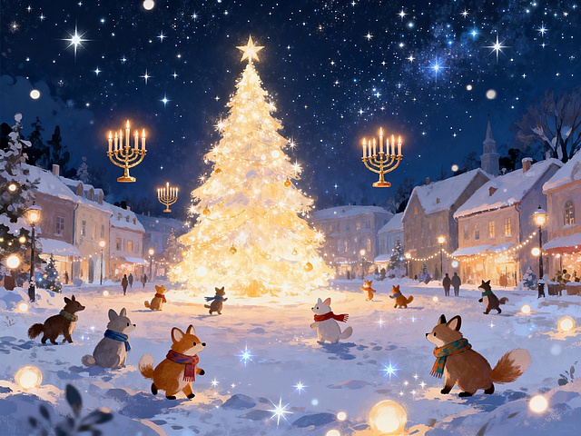 魔法冬夜，雪镇广场上发光的巨大圣诞树与漂浮的光明节烛台，戴围巾的可爱动物，闪烁灯光，星空，数字绘画，奇幻艺术风格，梦幻氛围