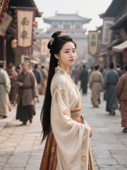 女生正脸看镜头，穿上唐代服饰，贵女打扮，站在唐代繁华的街上，身后是来来往往的唐代百姓，景深效果预览效果