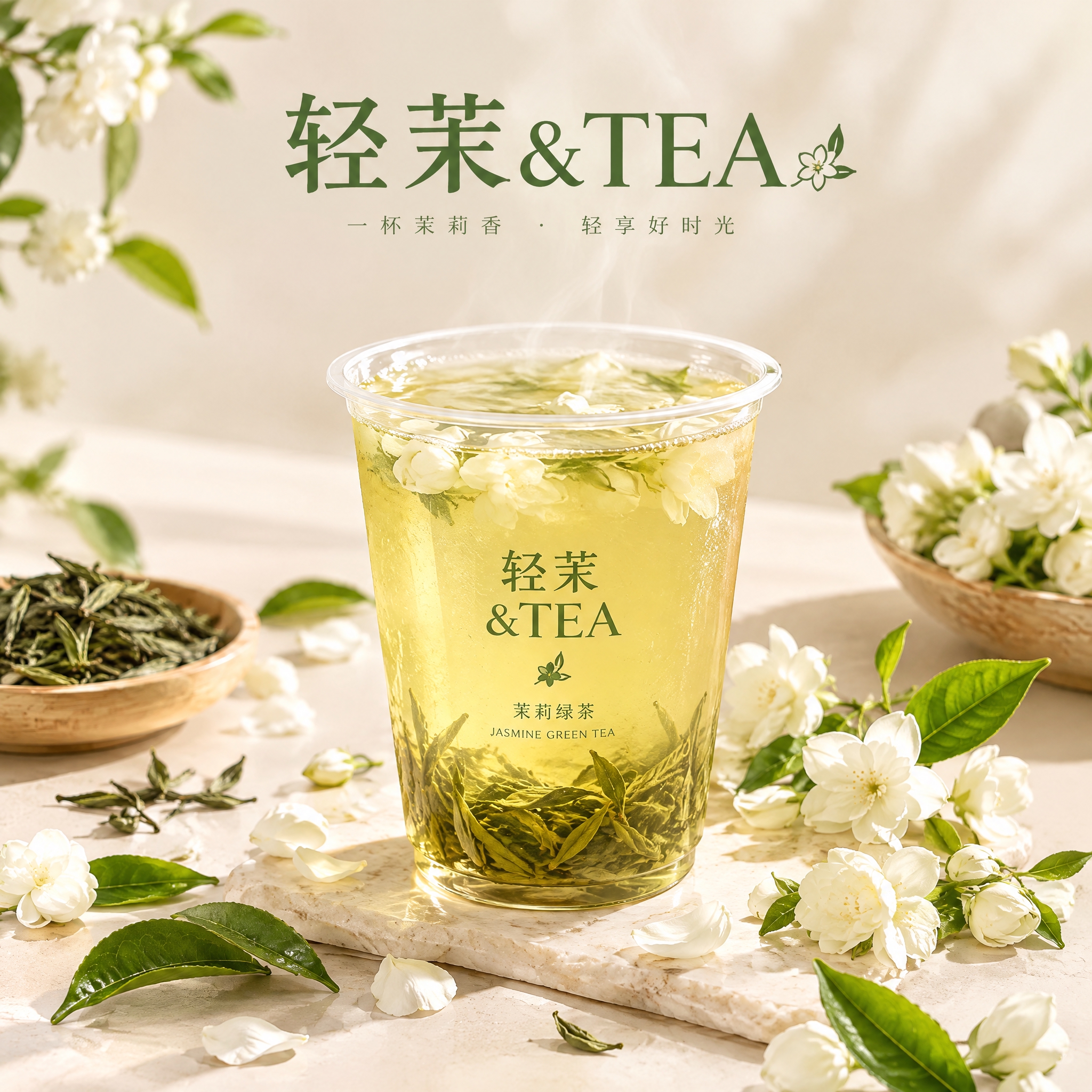 茶饮店头像设计，店名"轻茉&TEA"，清新淡雅的茉莉绿茶主题，… - 图片创意预览