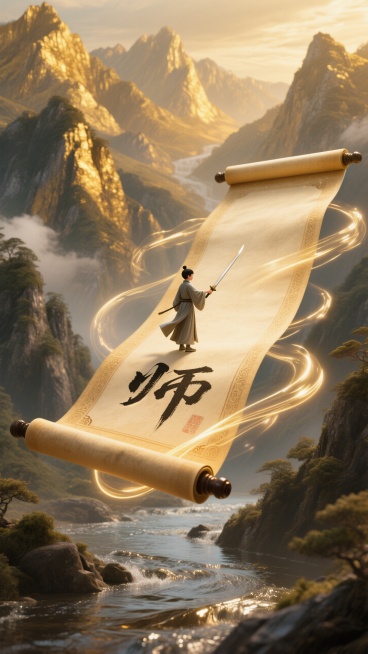 磅礴金黄的山脉间：一个以动态感强的巨型且精致的卷轴展开漂浮在空中，一个微缩少年郎（站在卷轴上）以剑为笔写“师”，动态的流光线条延伸至空中；金属质感的河水流经群山。整体暖黄色调、明亮氛围。预览效果