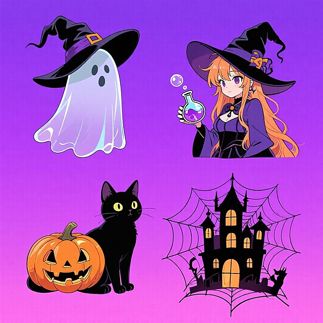 梦幻紫色背景下的万圣节插画风设计，融合可爱感与神秘感，卡通风格的女巫、幽灵、黑猫与南瓜灯，搭配哥特式剪影城堡，营造出动漫风与拟人化的节日氛围。