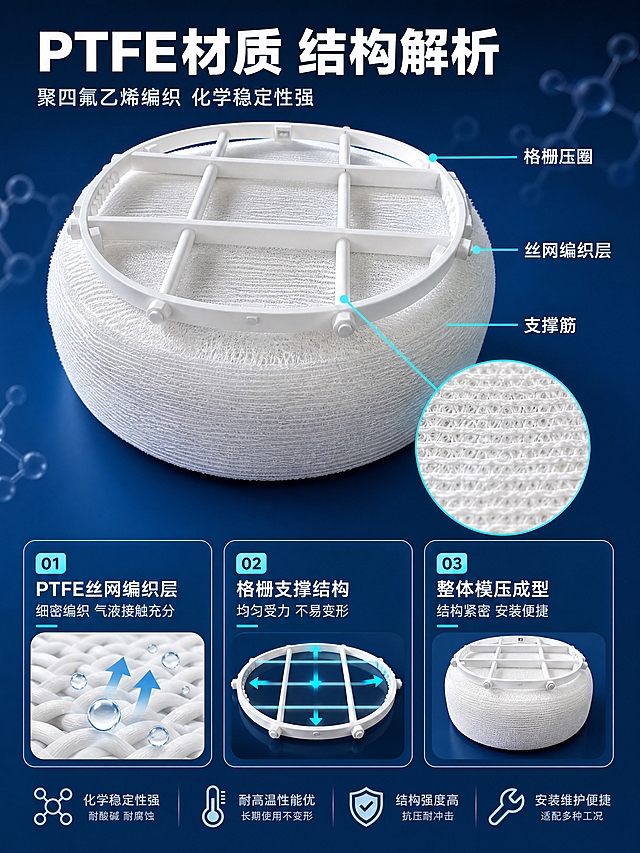 [商品] 使用【图1】聚四氟乙烯PTFE四氟丝网除沫器；保留圆形整体结构、白色PTFE丝网编织层、顶部格栅压圈、横竖支撑杆、螺栓固定件、纯白颜色和丝网编织纹理；产品为多层丝网编织的气液过滤分离结构。
[画面] 目标为结构材质解析页，展示产品内部构造与PTFE材质特性。上下结构：上方产品斜侧视大图（占比约50%），带局部放大框标注丝网编织细节；下方3个材质/结构信息卡横排；阅读动线从上方产品主体到放大细节再到下方结构说明。
[视觉] 套系策略：风格=工业科技商业摄影风；标题字=粗黑无衬线工业字体；正文字=简洁无衬线体；主色=工业蓝+纯白；背景延展=深蓝到中蓝渐变工业背景，带细微分子结构纹理；强调色=亮青色，仅用于引线、标注框和重点关键词；标题色=白色；正文色=浅灰蓝；组件=圆角深蓝信息卡、细亮青引线标注、放大框、分子/材质icon；光影=侧光突出丝网编织纹理的立体感和层次。
[文字] 顶部主标题「PTFE材质 结构解析」8字，副标题「聚四氟乙烯编织 化学稳定性强」12字；3个信息卡：①PTFE丝网编织层（细密编织 气液接触充分）②格栅支撑结构（均匀受力 不易变形）③整体模压成型（结构紧密 安装便捷）；产品图上用引线标注「丝网编织层」「格栅压圈」「支撑筋」3处结构。
[规格] 图片比例3:4竖版，4K分辨率，负向提示：避免变形、错字、文字过小、结构缺失、颜色改变、模糊纹理。