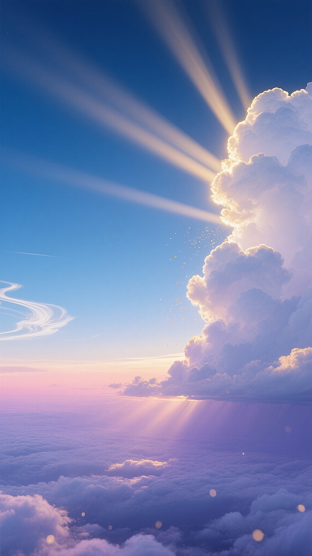 写实摄影，航拍视角，70%画面被纯净通透的天空占据，顶部是深邃的海军蓝向中部的冰蓝色平滑过渡，地平线处融合着柔和的薰衣草紫与蜜桃粉的霞光。右侧三分之一区域分布着蓬松的积云，边缘被低角度阳光勾勒出金边，云团内部透着珍珠白的层次感，左侧点缀着几缕纤细的卷云形成视觉平衡。五道清晰的金色阳光光束从右上角云层间隙呈扇形斜射而下，光束中悬浮着细微的金色尘埃颗粒，在下方的云海表面投下移动的光斑。整体采用三分法构图，天空与云海的交界线位于下三分之一处，色调以蓝紫色系为基底，金色光线作为点睛的暖色，营造出暴风雨过后的宁静与希望感，8K超高清分辨率呈现云层的细腻纹理和光线的空气感。