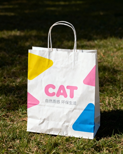 参照这个LOGO，做一套文创品牌视觉设计。品牌名称为“CAT”。包括徽章，牛皮纸袋，杯垫，钥匙扣等。亲切现代风格预览效果