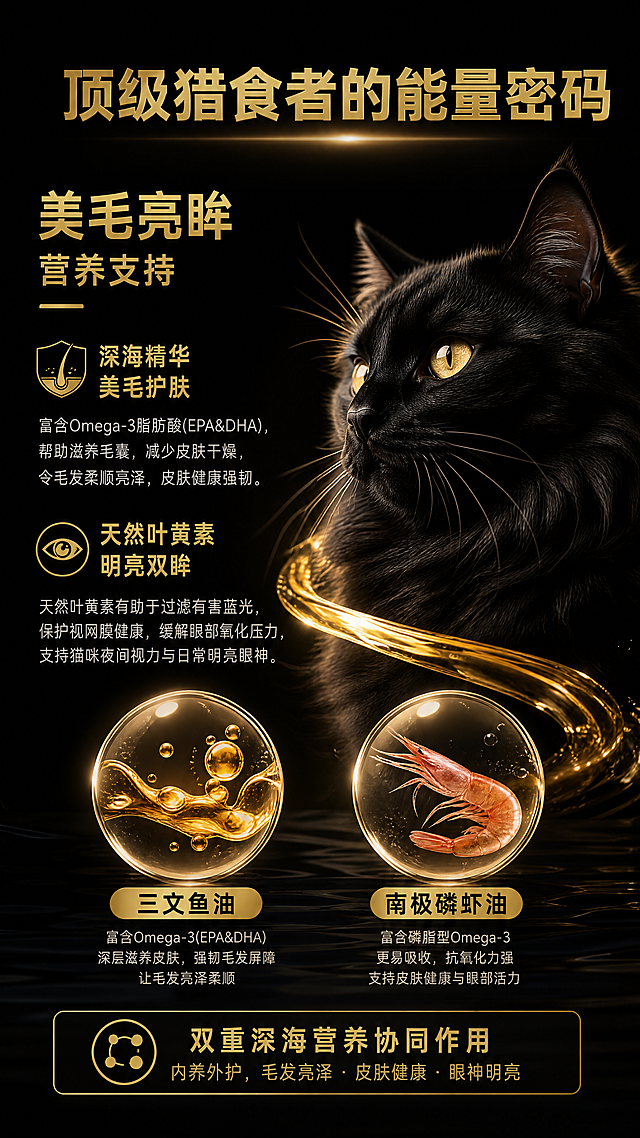 「图片1」，生成详情页，商品名称为鲜肉蛋酥奶霜烘焙全价猫粮，卖点是94%动物性原料，0谷物0肉粉添加 专为肉食天性设计 益生元与益生菌协同，助理肠道  健康，优护肠胃，源自深海鱼油与天然叶黄素的综合支持，美毛亮眸，含天然纤维，有助于促进毛球随粪便排除，平台主要是国内电商四大平台同时可以用，淘宝 抖音 拼多多 阿里适配淘宝/天猫平台，单图比例为9:16，需求屏数为6张。一定要保证我的原图清晰，不要更改我的原图上任何信息，保证绝对的真实，不要有夸张的宣传词，违禁词违规词出现高端品质 · 信任为王（完整独立文档）「图片1」
一、整体设计规范
项目	参数
详情页宽度	1080px
每屏高度	1200px
安全边距	左右各20px，顶部/底部各40px
圆角	图片/卡片12px，按钮30px，徽章圆形
阴影	卡片 0 8px 20px rgba(0,0,0,0.3)
字体	思源黑体，备选 PingFang SC, Microsoft YaHei
主色	纯黑 #0A0A0A，深灰 #1A1A1A，金色 #C9A03D，爱马仕橙 #FF6600，白色 #F5F5F5
字体层级：
用途	字重	字号(px)	行高(px)	颜色
主标题	Bold	36-42	50	金色 #C9A03D
副标题	Bold	28	36	白色 #F5F5F5
正文	Regular	18	29	白色 #F5F5F5
小字/标注	Light	14	21	#999999
数据数字	Heavy	56	62	金色 #C9A03D
第1屏：黑金开场
图片设计思路
背景：纯黑 #0A0A0A，叠加径向渐变金色光晕（圆心在屏幕中央偏上，颜色 #C9A03D，模式柔光，不透明度20%）。
产品包装图：博须猫粮1.5kg包装的3D渲染图，高光反射强烈，阴影厚重，宽500px，透明底PNG。需精修，体现奢华质感。
品牌Logo：烫金效果Logo，宽180px，置于左上角（80, 80）。
主标题：“博须 · 猎食天性食谱”，金色，42px Bold，底部居中，距底200px。
无其他干扰元素，大量留白。
详细设计参数
元素	坐标 (x, y)	尺寸	颜色/字体	内容
背景	(0,0) 至 (1080,1200)	全屏	#0A0A0A	径向渐变光晕叠加
品牌Logo	(80, 80)	宽180px	烫金效果	Logo透明底PNG
产品包装	(540, 450)	宽500px	—	3D渲染图
主标题	(540, 1020)	—	金色 #C9A03D，42px Bold	“博须 · 猎食天性食谱”
第2屏：四个金色徽章
图片设计思路
背景：黑色 #0A0A0A。
四个圆形徽章：直径220px，金色边框2px，背景 #1A1A1A，圆形。每个徽章内部有一个金色图标（64×64px）和下方金色文字。排列为2×2网格。
图标内容：94%动物性原料（肉块），70%鲜鸡肉（鸡腿），0谷物（禁止谷物），0诱食剂（禁止香精）。
所有图标和文字均为金色。
详细设计参数
元素	坐标 (x, y)	尺寸	说明
徽章1	(160, 250)	直径220px	金色边框2px，背景 #1A1A1A；图标(160,290) 64×64px；文字(160,360) 20px金色 Bold，“94%动物性原料”
徽章2	(640, 250)	直径220px	同上；图标(640,290) 64×64px；文字“70%鲜鸡肉”
徽章3	(160, 600)	直径220px	同上；图标(160,640) 64×64px；文字“0谷物”
徽章4	(640, 600)	直径220px	同上；图标(640,640) 64×64px；文字“0诱食剂”
第3屏：整只猎物营养（黑金卡片）
图片设计思路
背景：#0A0A0A。
5个卡片：布局与方案一第3屏相同，但卡片背景改为 #1A1A1A，金色边框1px，圆角16px。卡片内图标金色，标题金色，正文白色。
卡片内容：70%鲜鸡肉、3%冻乳鸽、3%鲜鸡肝、3%鲜鸡心、9.5%鸡蛋+蛋黄粉。
详细设计参数
元素	坐标 (x, y)	尺寸	说明
主标题	(540, 80)	—	金色 #C9A03D，36px Bold，“不只是‘高肉’，更是‘完整营养’”
卡片1	(180, 200)	宽280px，高260px	背景 #1A1A1A，金色边框；图标(180,230) 48×48px金色；标题(180,290) 22px金色“70%鲜鸡肉”；正文(180,330) 16px白色“优质动物蛋白”
卡片2	(540, 200)	同上	标题“3% 冻乳鸽”，正文“稀有肉源”
卡片3	(900, 200)	同上	标题“3% 鲜鸡肝”，正文“天然维A、铁、牛磺酸”
卡片4	(360, 500)	同上	标题“3% 鲜鸡心”，正文“天然牛磺酸、辅酶Q10”
卡片5	(720, 500)	同上	标题“9.5% 鸡蛋+蛋黄粉”，正文“天然卵磷脂、完美蛋白”
第4屏：微距图（金色边框+留白）
图片设计思路
背景：#0A0A0A。
微距图：与方案一第4屏相同的高清微距摄影图（猫粮颗粒），但周围添加金色边框（2px）。边框与图片之间留白10px，整体像一幅镶框画。图片尺寸：宽960px，高700px，居中放置，边框外背景黑色。
浮层文字“微距实拍 · 无滤镜”置于图片底部（黑色半透明底，金色描边）。
详细设计参数
元素	坐标 (x, y)	尺寸	说明
微距图	(60, 100)	宽960px，高700px	金色边框2px，边框内边距10px
浮层文字	(540, 780)	内边距10px 20px，圆角30px	黑色半透明底 #00000080，金色描边，文字“微距实拍 · 无滤镜”白色28px Bold
第5屏：五维肠道养护（黑底金字列表）
图片设计思路
背景：#0A0A0A。
与方案一第5屏结构相同，但背景黑色，文字白色，标题金色。左侧金色圆点代替图标（或使用极简金色图标）。
五个维度纵向排列，每个维度包含标题（金色22px）、正文（白色18px）。
详细设计参数
元素	坐标 (x, y)	尺寸	说明
主标题	(60, 80)	—	金色 #C9A03D，36px Bold，“猎食者的肠胃，也需要‘驯化’”
副标题	(60, 130)	—	#CCCCCC，20px Regular，“五维肠道养护体系，有助于维持肠道健康”
行1	(60, 220) 左图标(60,220) 48×48px金色圆点	—	标题“活性益生菌”22px金色；正文“枯草芽孢杆菌+嗜酸乳杆菌，有助于直达肠道”18px白色
行2	(60, 370)	—	标题“三重益生元”；正文“菊苣根粉+甘露寡糖+果寡糖，有助于滋养有益菌”
行3	(60, 520)	—	标题“丝兰提取物”；正文“有助减少粪便氨气，源头减臭”
行4	(60, 670)	—	标题“车前子粉”；正文“天然纤维，有助促进毛球排出”
行5	(60, 820)	—	标题“菊苣根粉”；正文“额外膳食纤维，温和调节”
主标题	(540, 80)	—	金色 #C9A03D，36px Bold，“顶级猎食者的能量密码”
三文鱼油瓶	(200, 350)	宽200px	透明底PNG
磷虾油「图片1」「图片1」