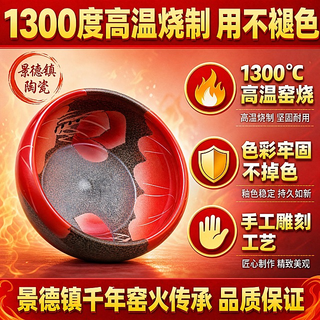 [主图-2] 景德镇陶瓷聚宝盆 拼多多卖点图 1300度高温烧制不褪色
[统一基调] 拼多多风格，大字直白卖点，红金配色，性价比感，主标题超大加粗，卖点图标化展示，整体热闹清晰。
[画面] 景德镇陶瓷聚宝盆倾斜放置在画面左侧，展示内部红色莲花纹饰和外壁窑变釉面，主体占比约50%。产品保留原貌：红色渐变莲花、窑变灰黑釉、圆润钵形、内部鱼草纹饰。画面右侧和上方用大图标+大文字展示核心卖点。背景是浅红色渐变，有淡淡的窑火火焰光效装饰，呼应高温烧制主题。右侧有三个圆形大图标，分别对应三个卖点。
[光影质感] 影棚高光质感，釉面光泽强烈，细节清晰，整体明亮通透，突出陶瓷品质感。
[配色] 浅红渐变背景，大红色标题栏，金色图标边框，产品朱红与窑变灰黑，文字白色+黄色，对比强烈。
[文字版式] 顶部通栏红底黄字超大标题"1300度高温烧制 用不褪色"。右侧三个大图标从上到下：第一个火焰图标配文字"1300℃高温窑烧"，第二个盾牌图标配文字"色彩牢固不掉色"，第三个手掌图标配文字"手工雕刻工艺"。每个图标下方还有一行小字说明。底部一行加粗文字"景德镇千年窑火传承 品质保证"。全部中文，字体粗黑有力，字号大且清晰。
[输出要求] 1:1正方形，2048x2048，产品清晰，卖点文字醒目，无变形无错字，无水印无平台Logo，拼多多风格。