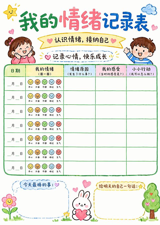 简笔画马克笔风格，主标题为我的情绪记录表，副标题为认识情绪，接纳自己，装饰短句为记录心情，快乐成长，尺寸比例适配210*297(A4)，保留打卡表格可填写区域，配色清新手绘风，使用马克笔笔触，线条简洁可爱，文字清晰可读