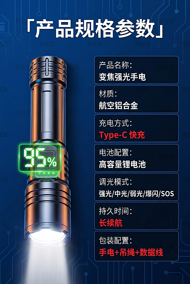 [参数规格信息详情页] 拼多多详情页参数图，硬核科技风格，带防盗水印。
[氛围风格] 清晰参数表格展示，专业可信，防盗设计防盗取
[画质] 高清清晰，文字锐利，参数准确
[元素] 左侧放置变焦手电整体产品图，保持外观颜色材质和之前一致，右侧清晰列出完整参数：产品名称、材质、充电方式、电池配置、调光模式、续航时长、套餐配置。整体添加淡隐形水印防止同行盗取，不遮挡文字和产品。
[光影] 均匀布光，产品和参数区域都清晰明亮，对比适中
[配色] 深蓝背景，参数白色文字，重点参数红色标注，清晰易读
[文字版式] 顶部大标题「产品规格参数」，右侧参数表格化整齐排列，重点数据红色突出，层次清晰
[尺寸规格] 宽度750px 高度1200px，符合拼多多详情页尺寸要求
[负向提示词] 变形，文字模糊，参数错误，水印遮挡内容，比例不对