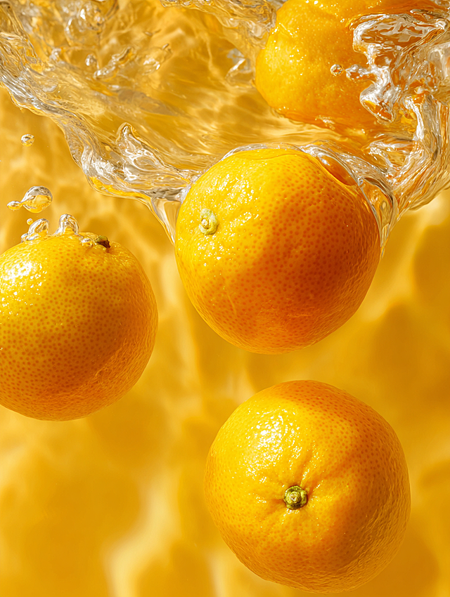 生成四张不同的淡黄色水背景，里面有一些日本柚子，水质感强烈，高清，3:4的比例